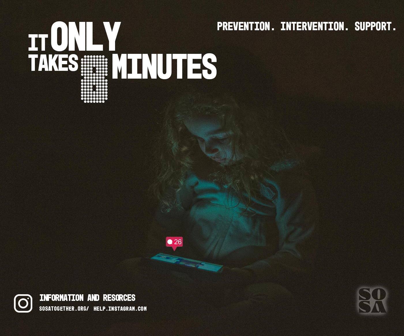 SOSA ad showing a child in a dark room lit by a phone screen